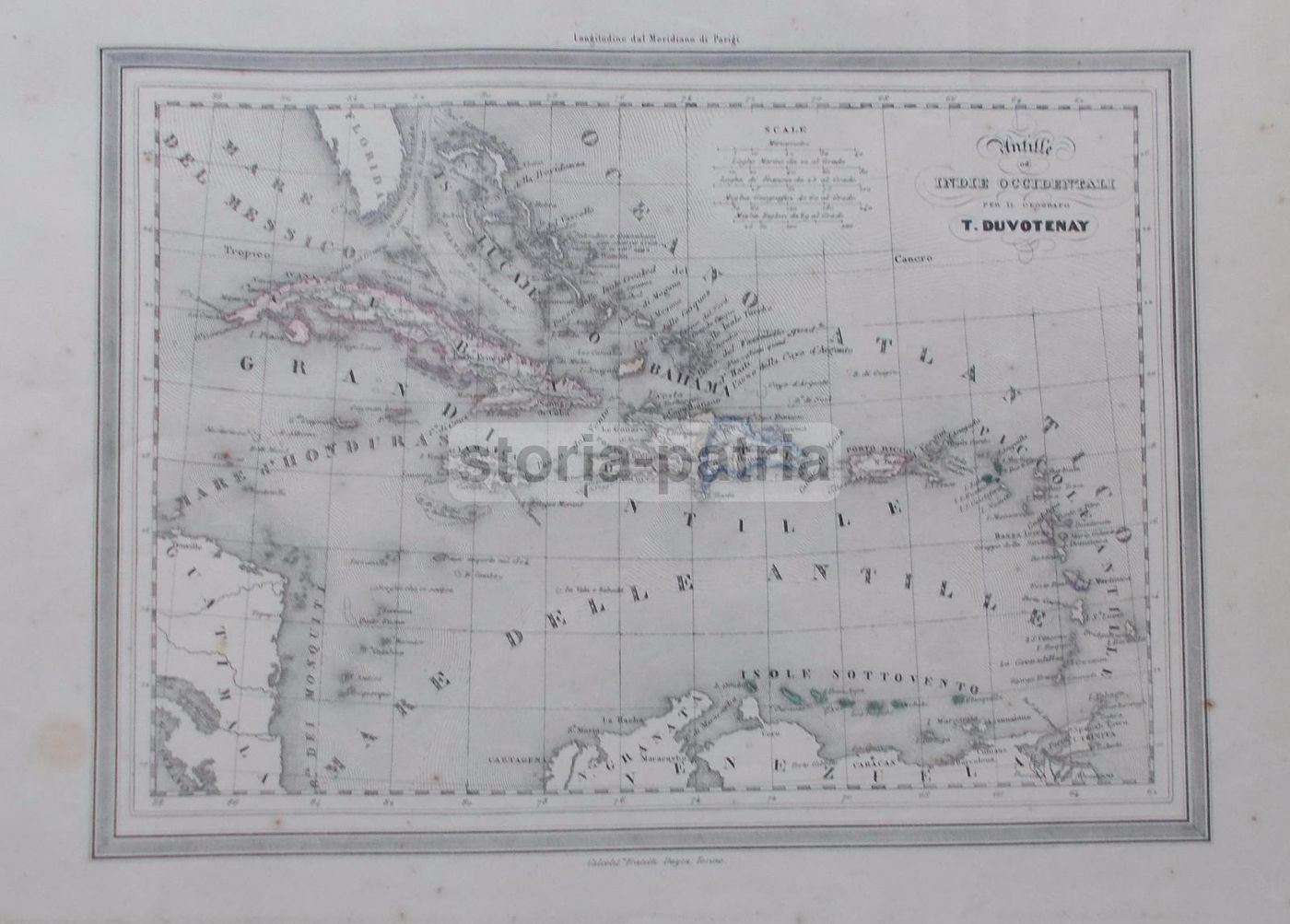 Mappa Delle Antille, Cuba, Haiti E Florida Di Duvotenay, 1850