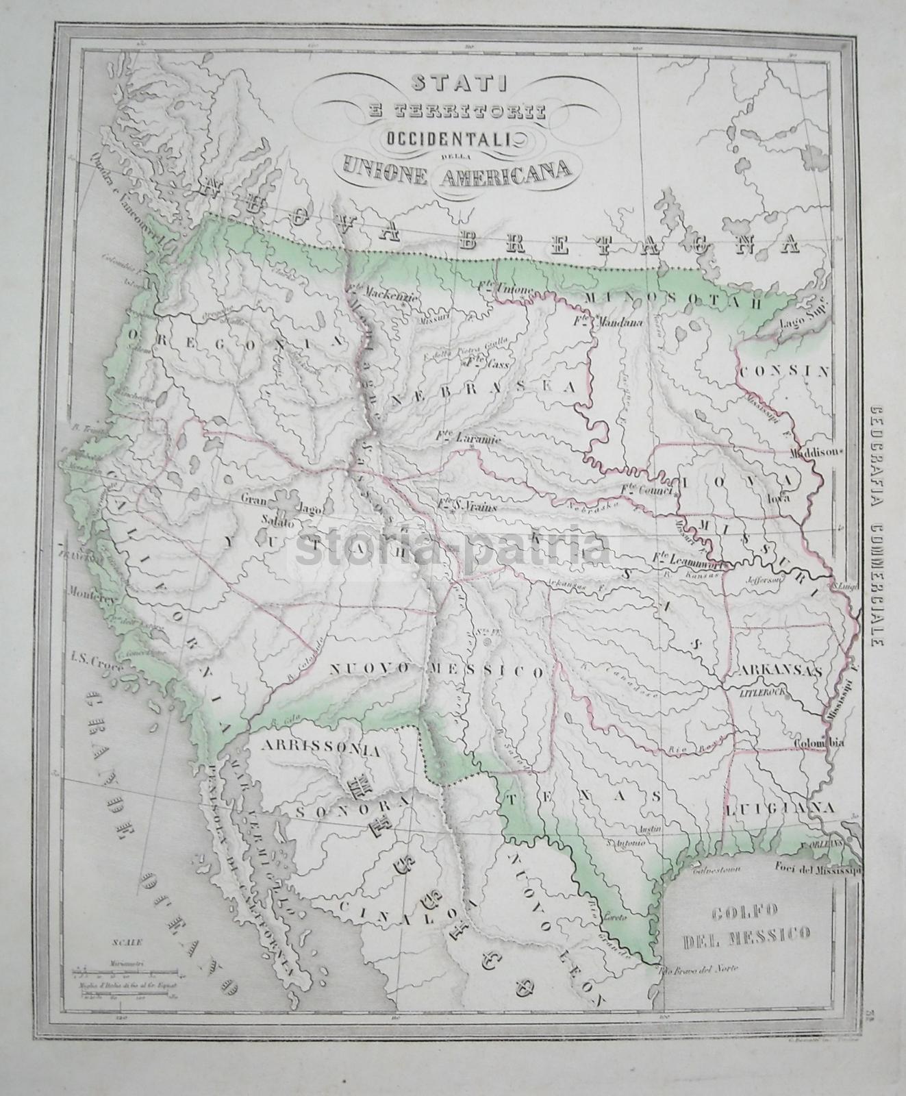 Mappa Antica Degli Stati Occidentali Dell'America Del Nord, 1850, Bonatti
