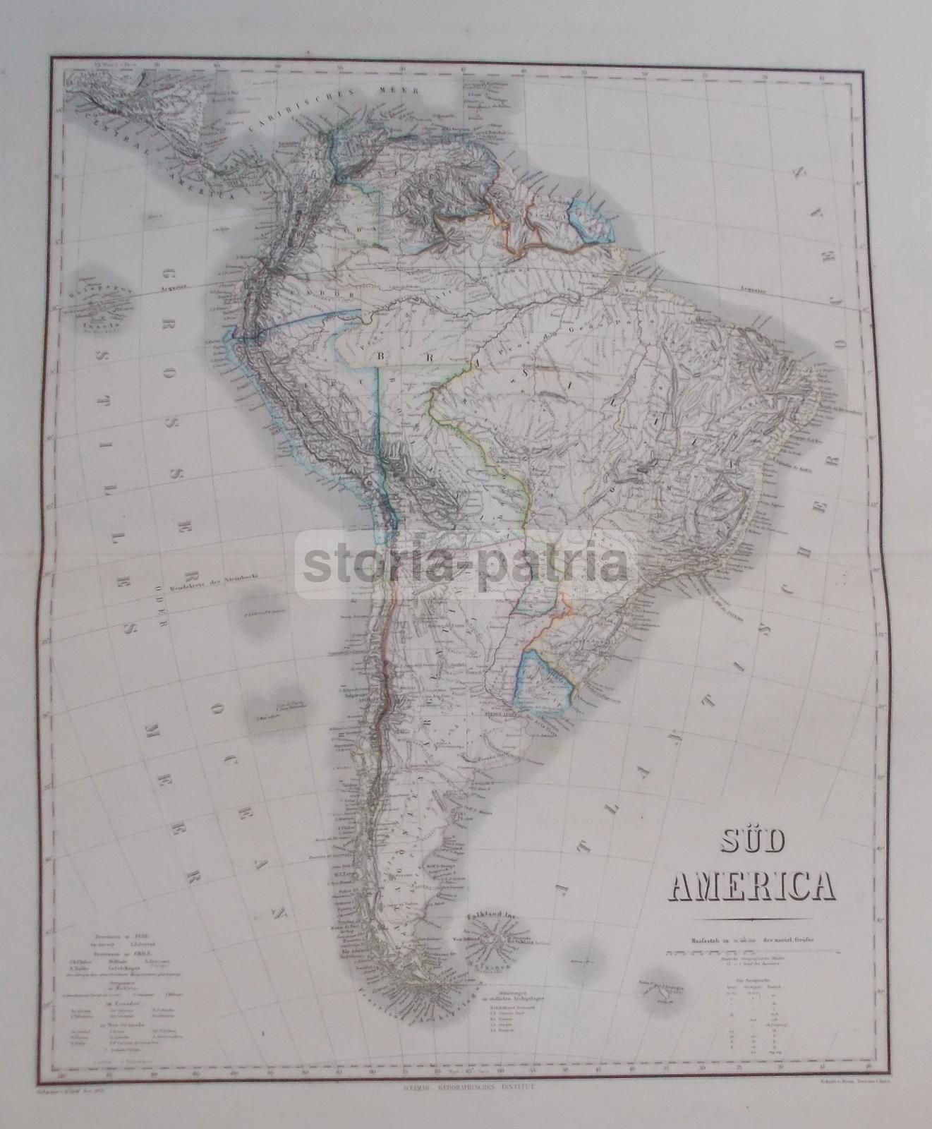 Mappa Antica Sud America 1861 Incisione Geografica Weimar