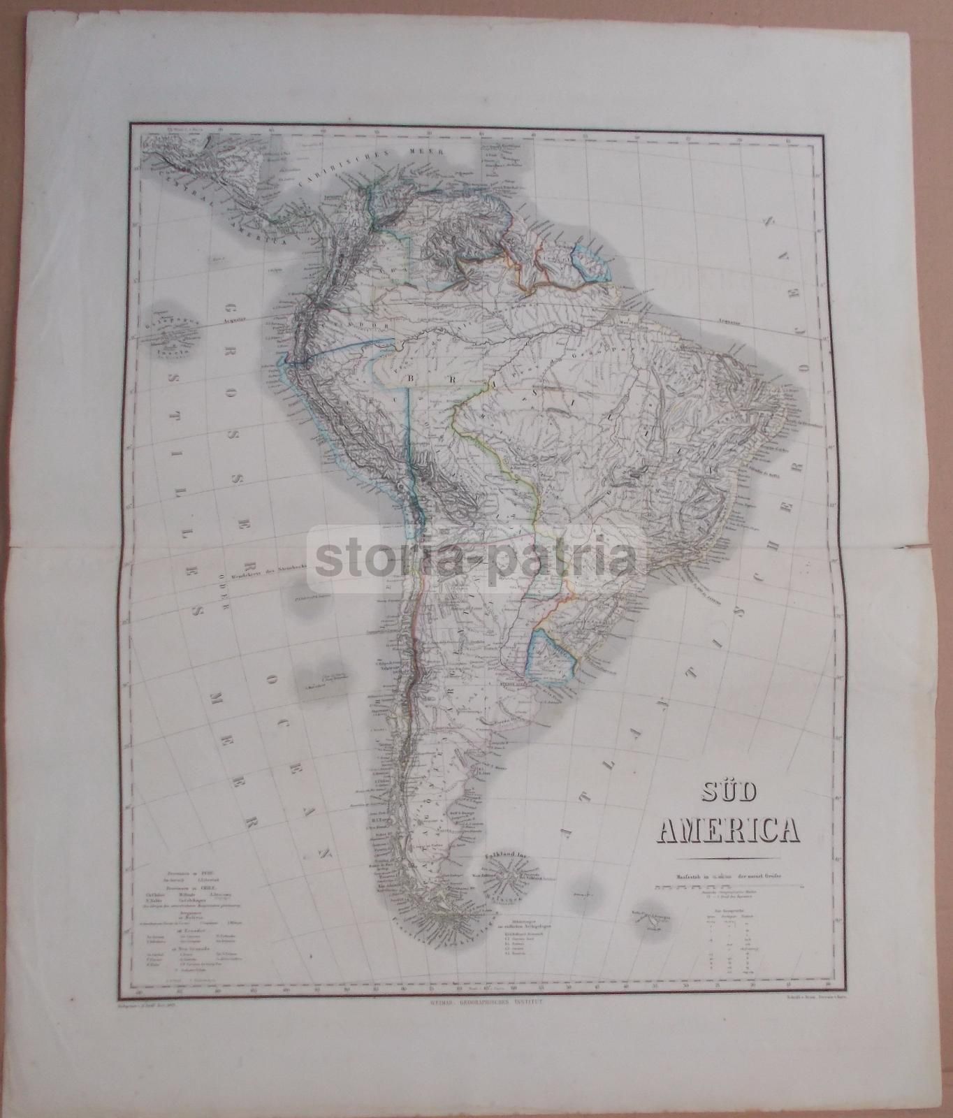 Mappa Antica Sud America 1861 Incisione Geografica Weimar