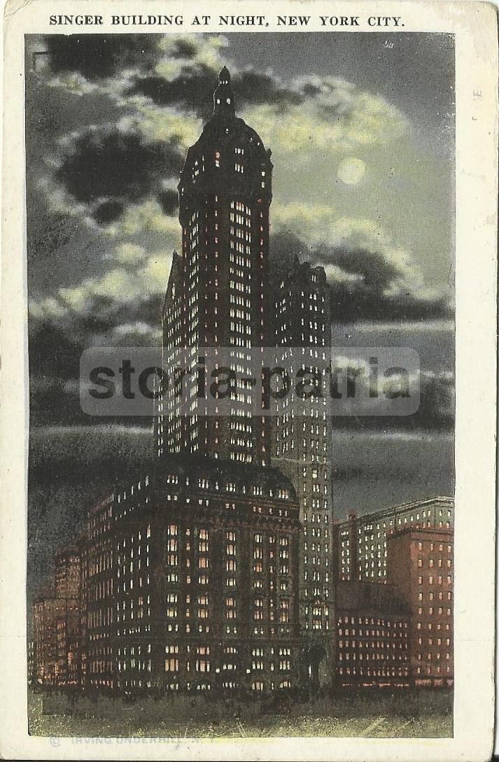 Cartolina Antica Singer Building New York Notturno Anni '30