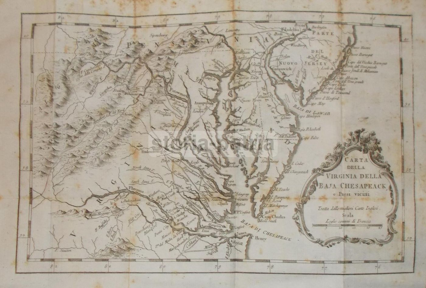 Mappa Antica Della Virginia, Chesapeake Bay, Maryland E Pennsylvania, 1750 Circa