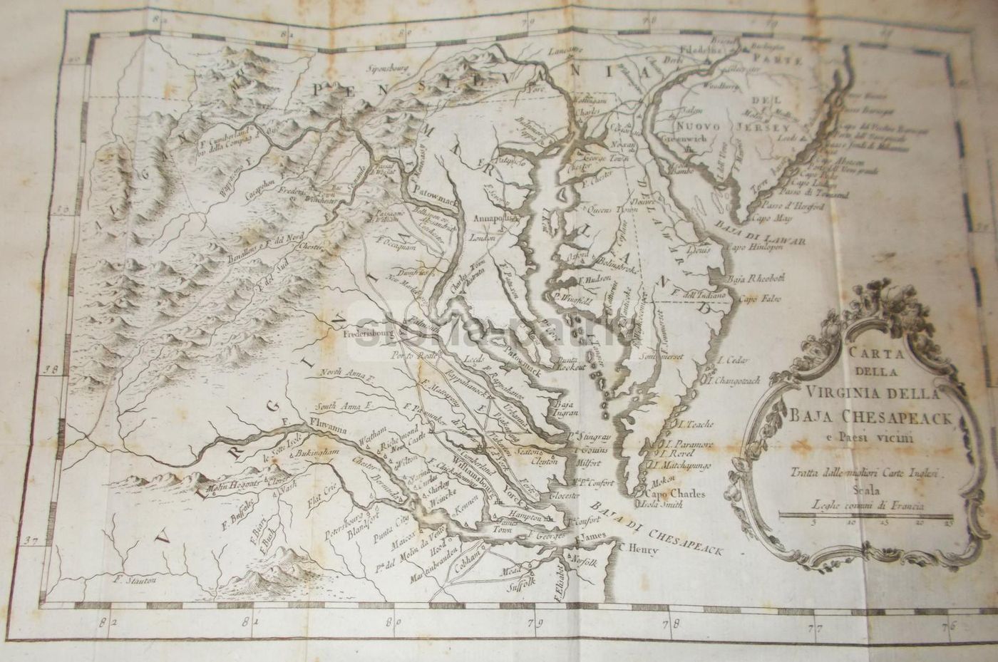 Mappa Antica Della Virginia, Chesapeake Bay, Maryland E Pennsylvania, 1750 Circa