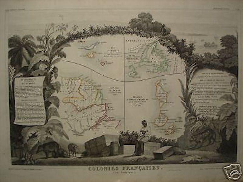 Mappa Colonie Francesi America Guyana Levasseur XIX Secolo
