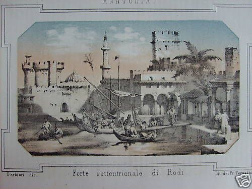 Forte Settentrionale Di Rodi. Litografia Originale A Colori, 1850 Circa