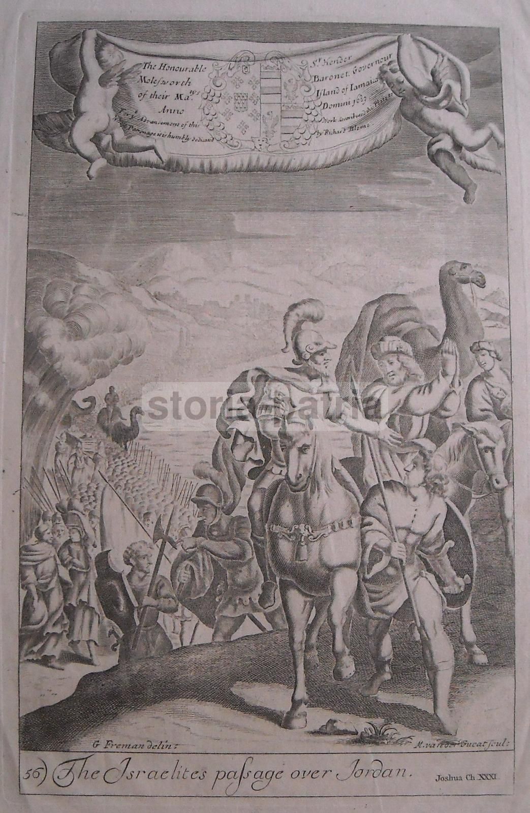 Incisione Antica: Passaggio Del Giordano Degli Israeliti, Van Der Gucht, 1700 Circa