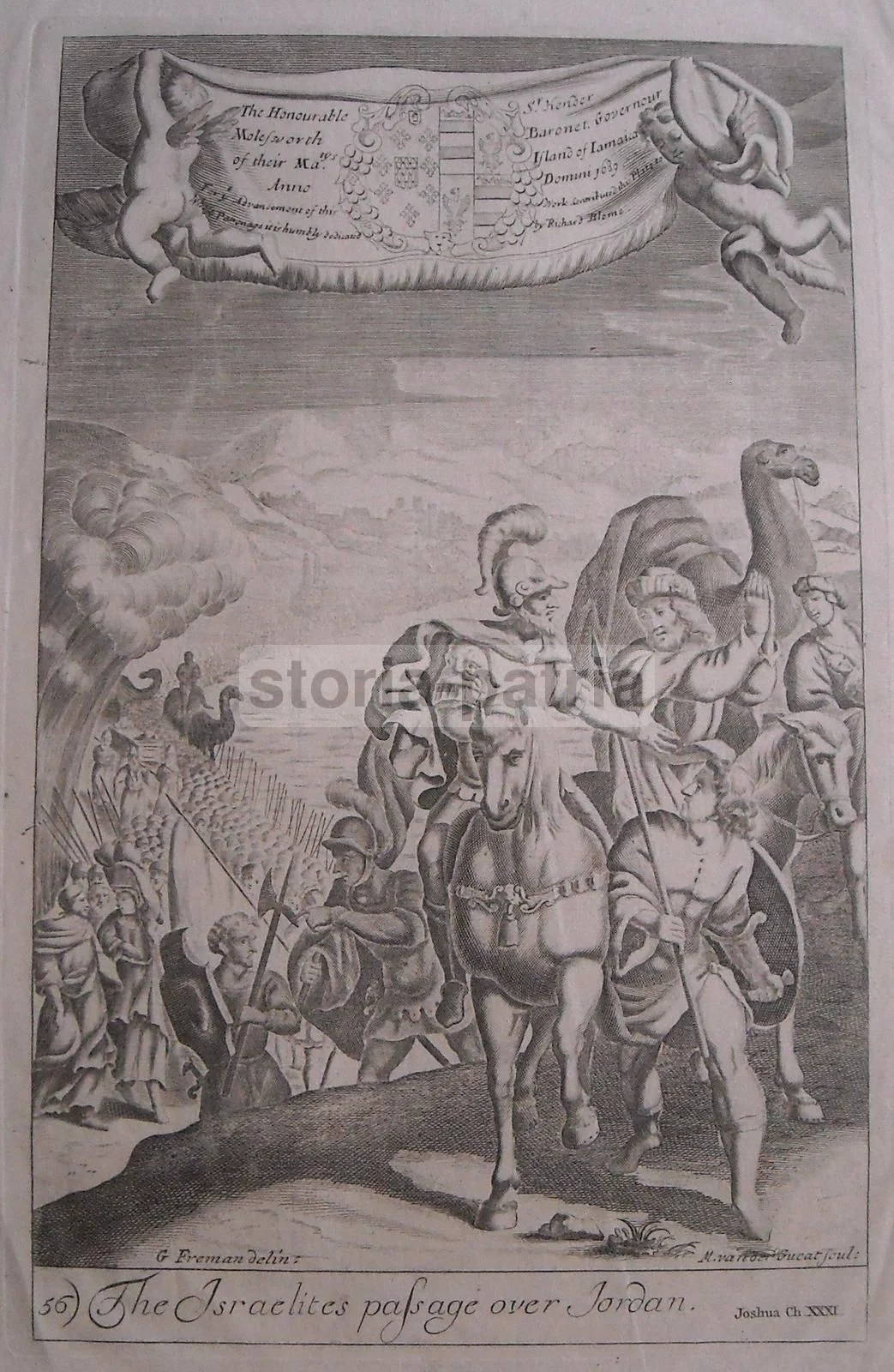 Antique Engraving: Crossing of the Jordan by the Israelites, Van der Gucht, circa 1700