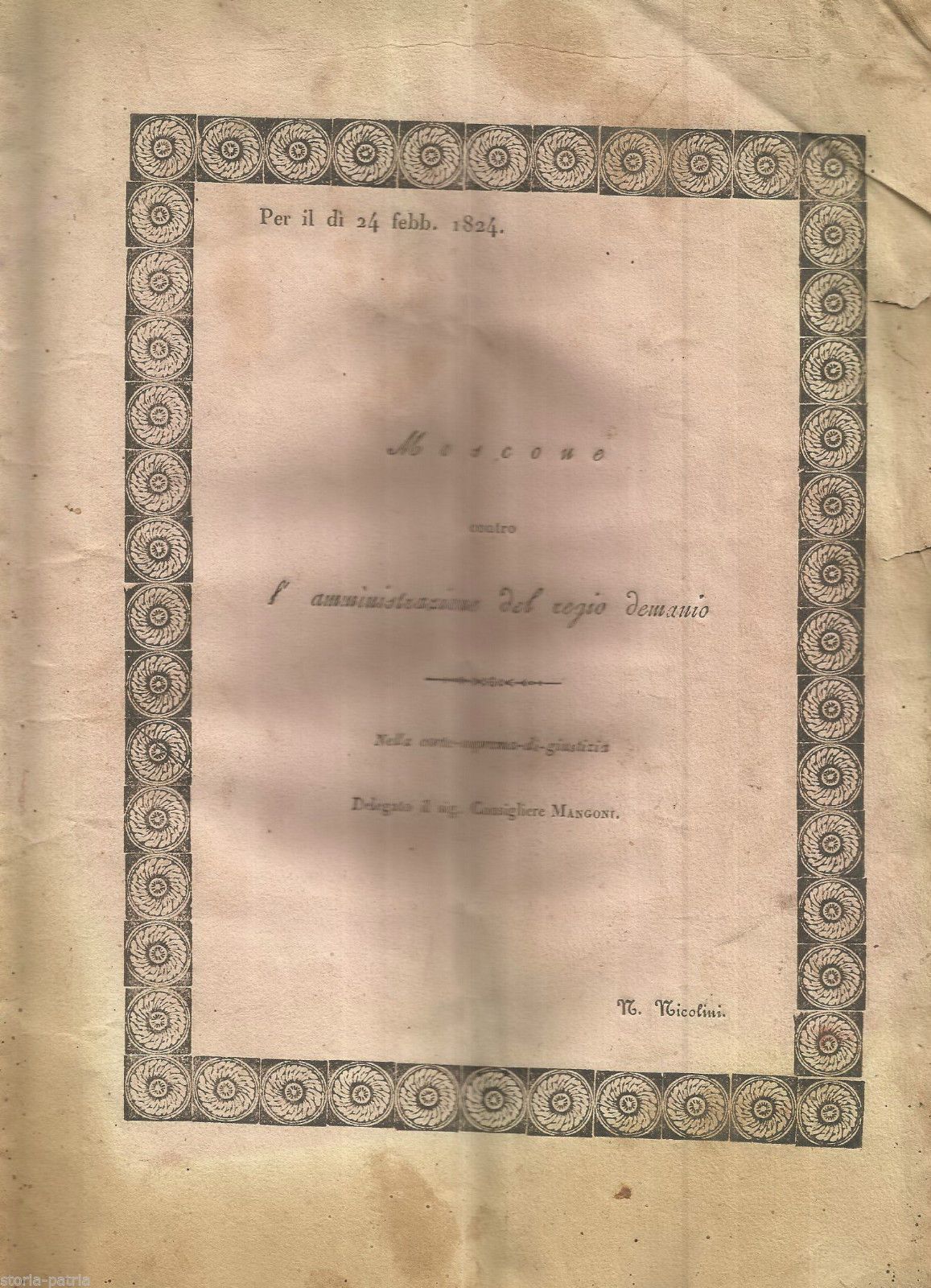Allegazione Giuridica Moscone Contro L'Amministrazione Del Regio Demanio, Chieti, 1824