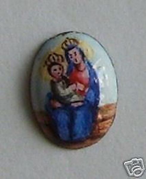 Miniatura Antica Madonna Con Bambino Dipinta Su Rame Smaltato, Metà XIX Secolo
