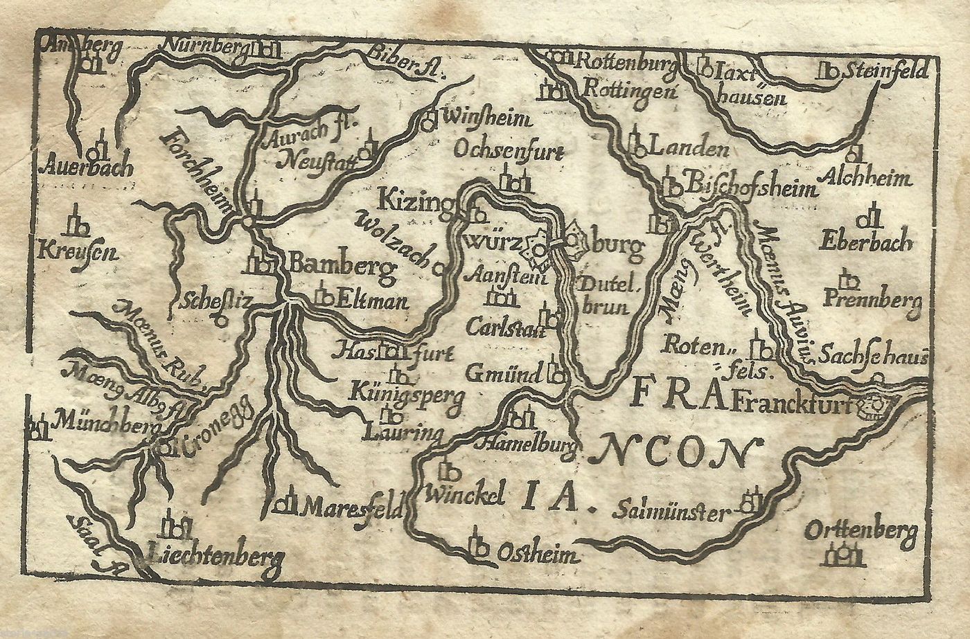 Mappa Antica Della Franconia E Francoforte, Incisione All'Acquaforte, XVII Secolo