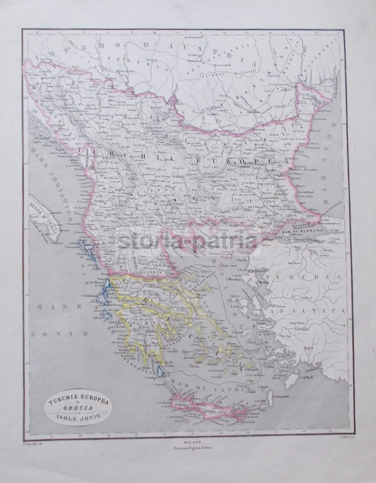 Mappa Antica Di Grecia, Turchia Europea E Isole Ionie, 1860 Circa, Pagnoni Milano