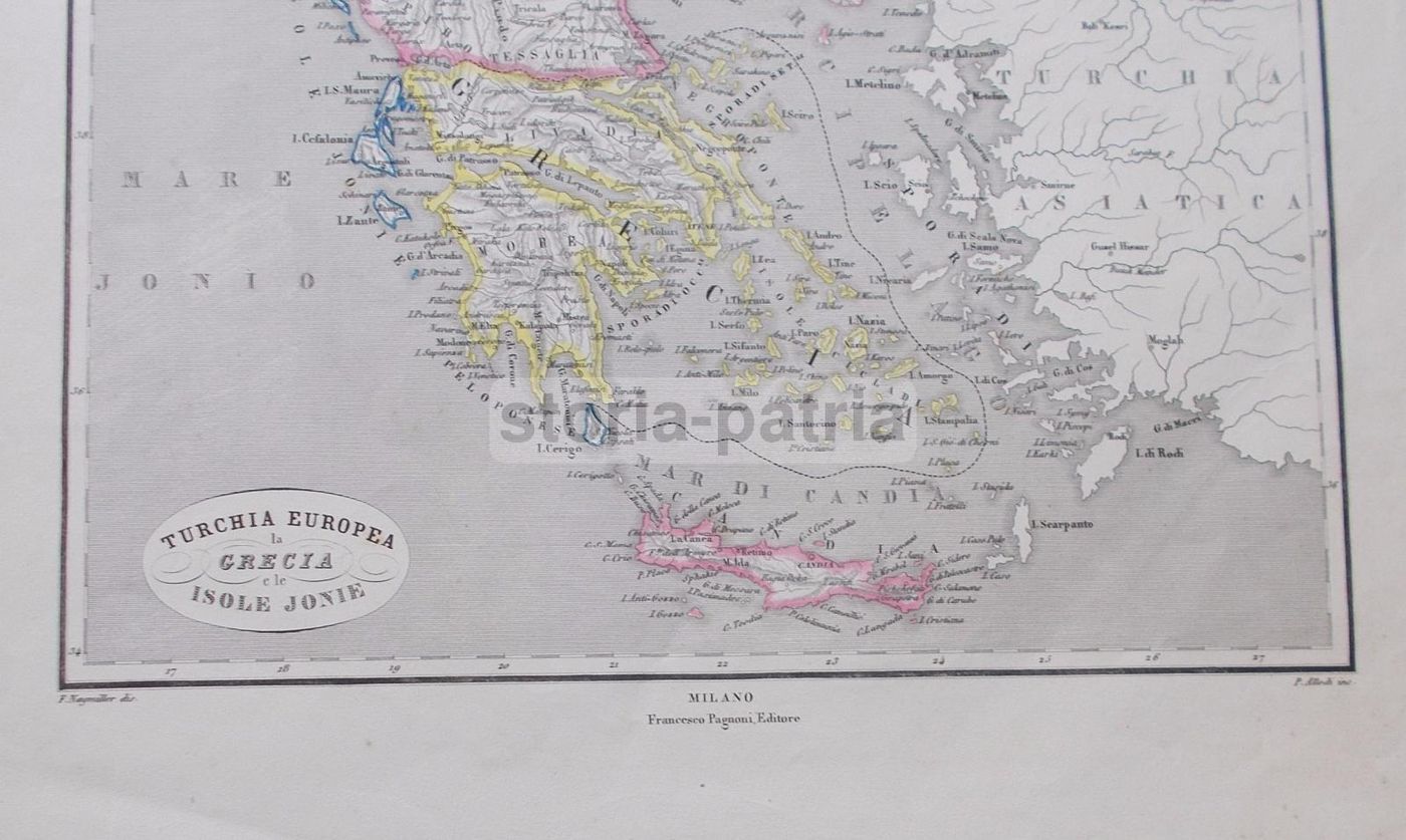 Mappa Antica Di Grecia, Turchia Europea E Isole Ionie, 1860 Circa, Pagnoni Milano