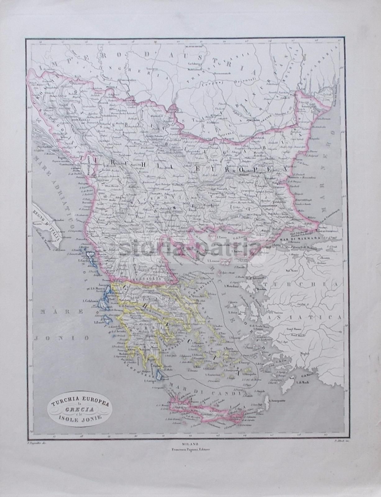 Mappa Antica Di Grecia, Turchia Europea E Isole Ionie, 1860 Circa, Pagnoni Milano