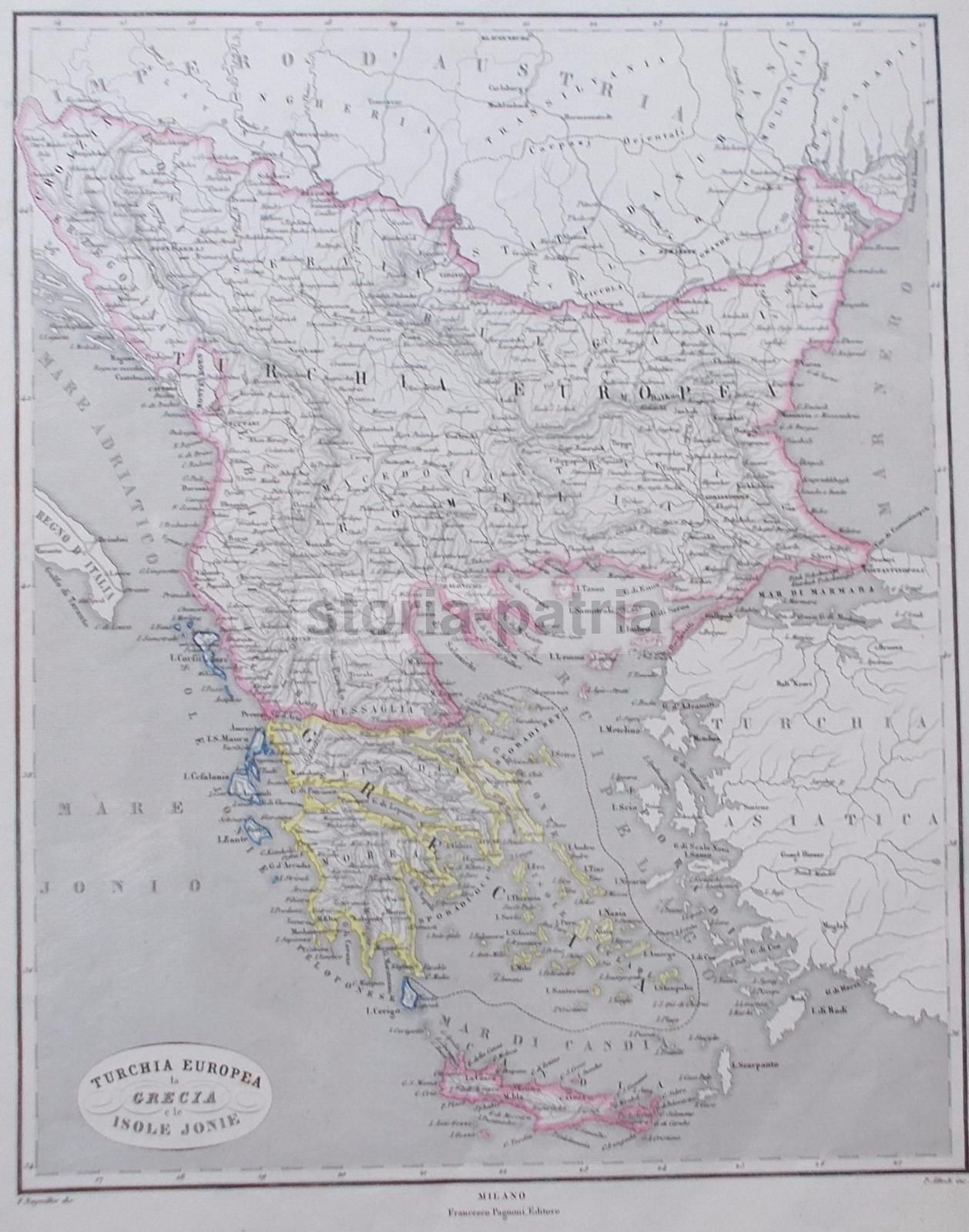 Mappa Antica Di Grecia, Turchia Europea E Isole Ionie, 1860 Circa, Pagnoni Milano