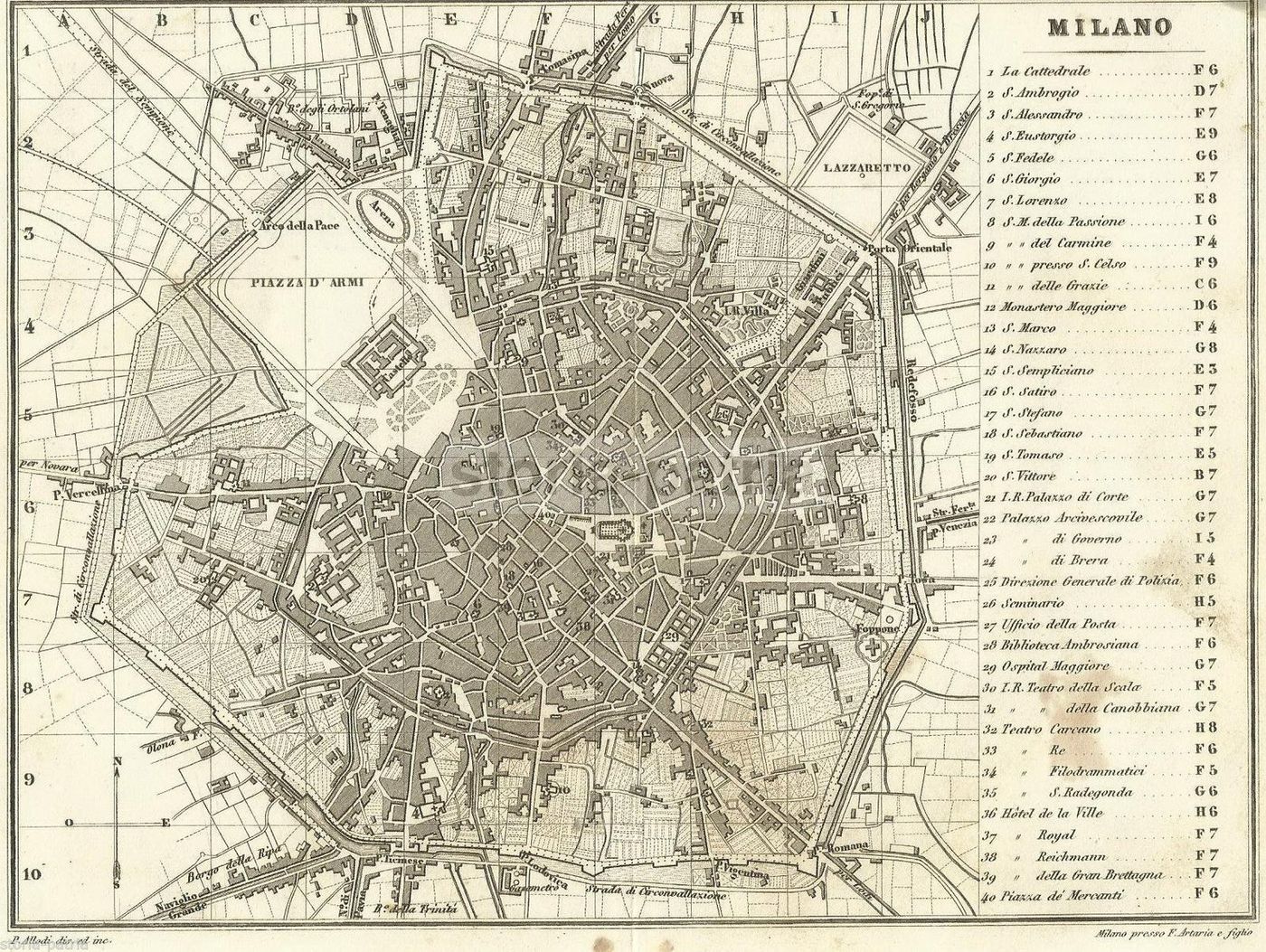 Mappa Topografica Antica Di Milano, 1857, Incisione Allodi Artaria