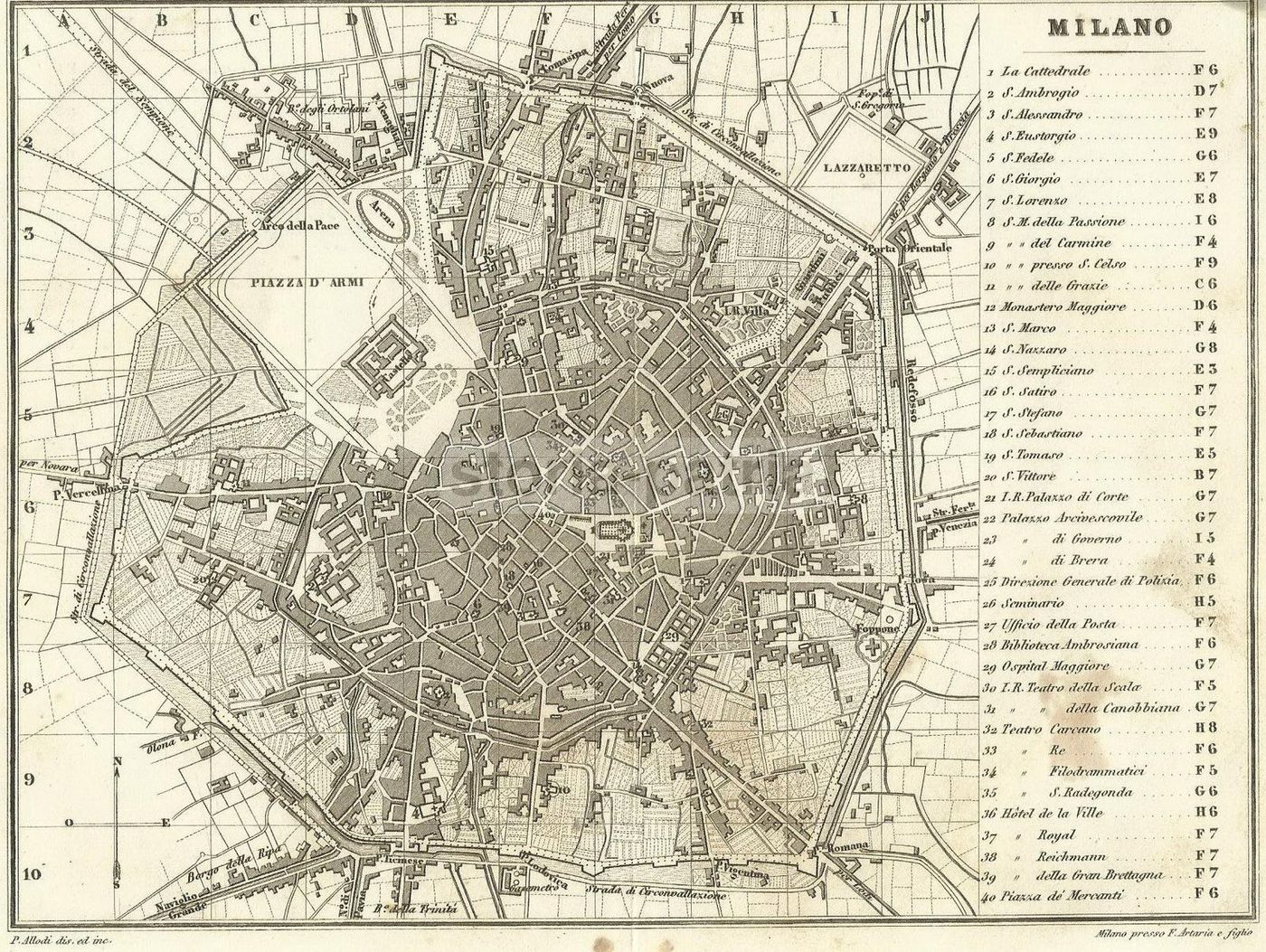 Mappa Topografica Antica Di Milano, 1857, Incisione Allodi Artaria