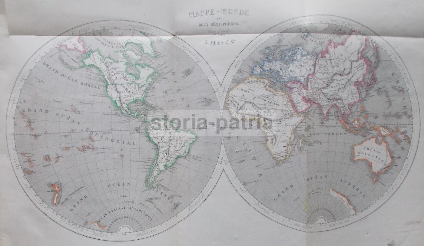 Mappa Antica Mappamondo Due Emisferi Laurens Secolo XIX Colorata