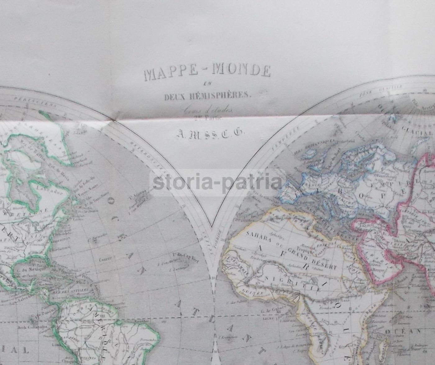 Mappa Antica Mappamondo Due Emisferi Laurens Secolo XIX Colorata