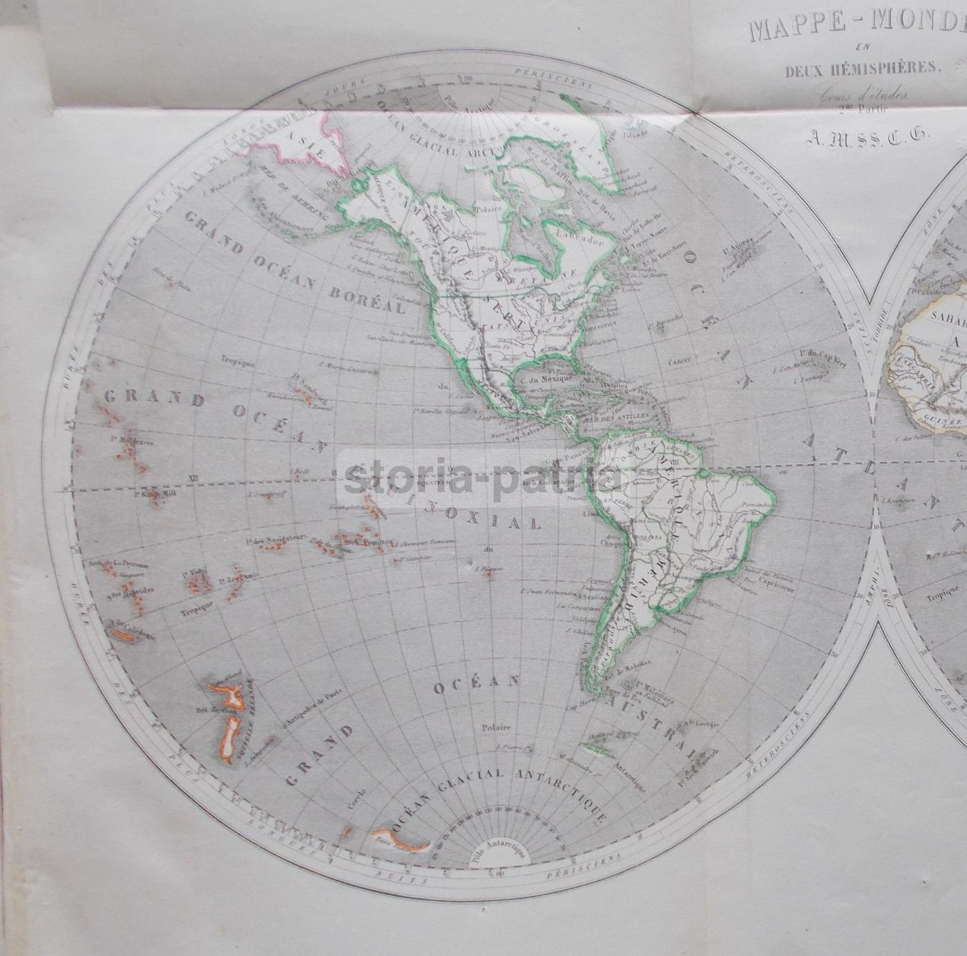 Mappa Antica Mappamondo Due Emisferi Laurens Secolo XIX Colorata