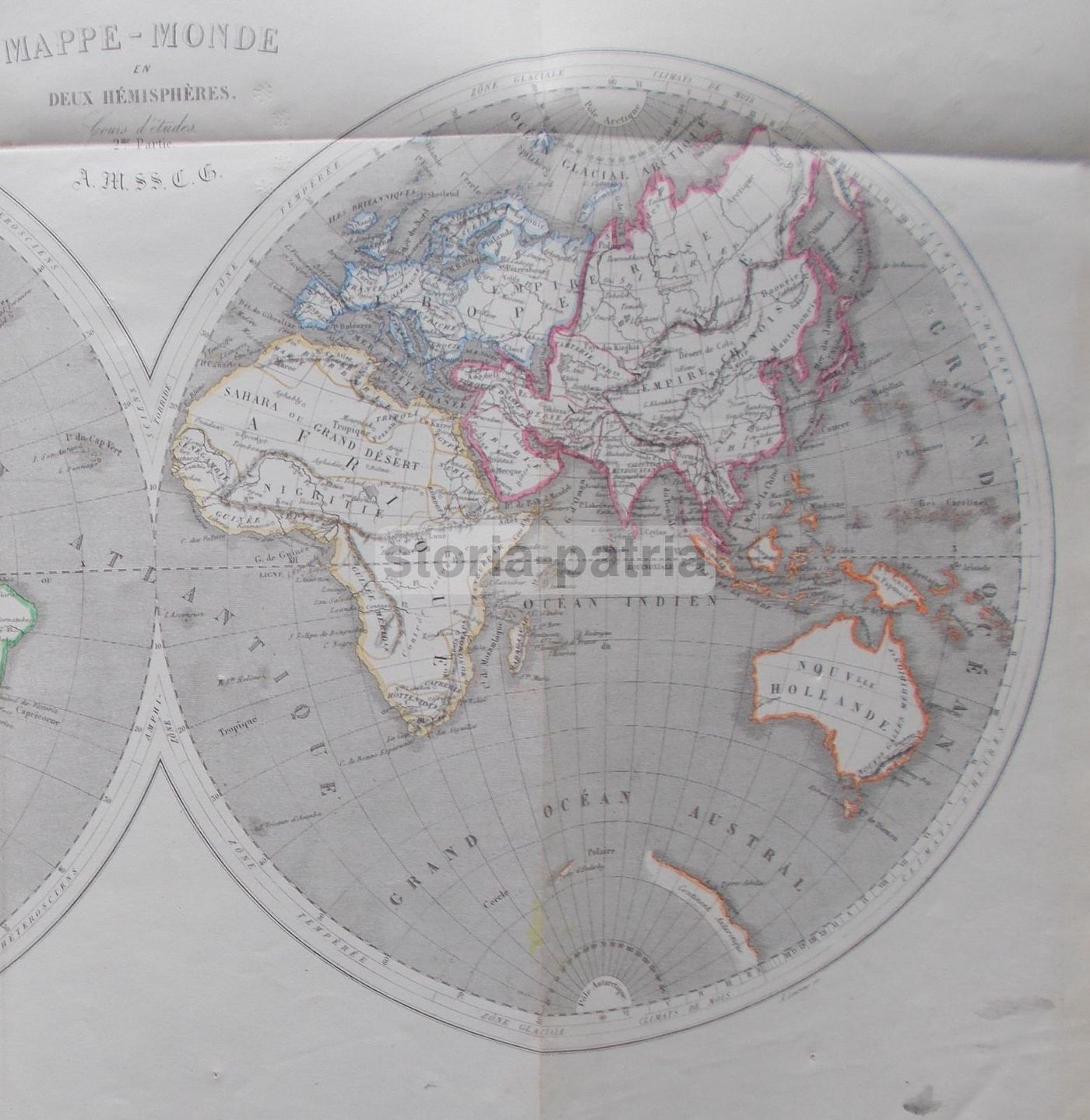 Mappa Antica Mappamondo Due Emisferi Laurens Secolo XIX Colorata