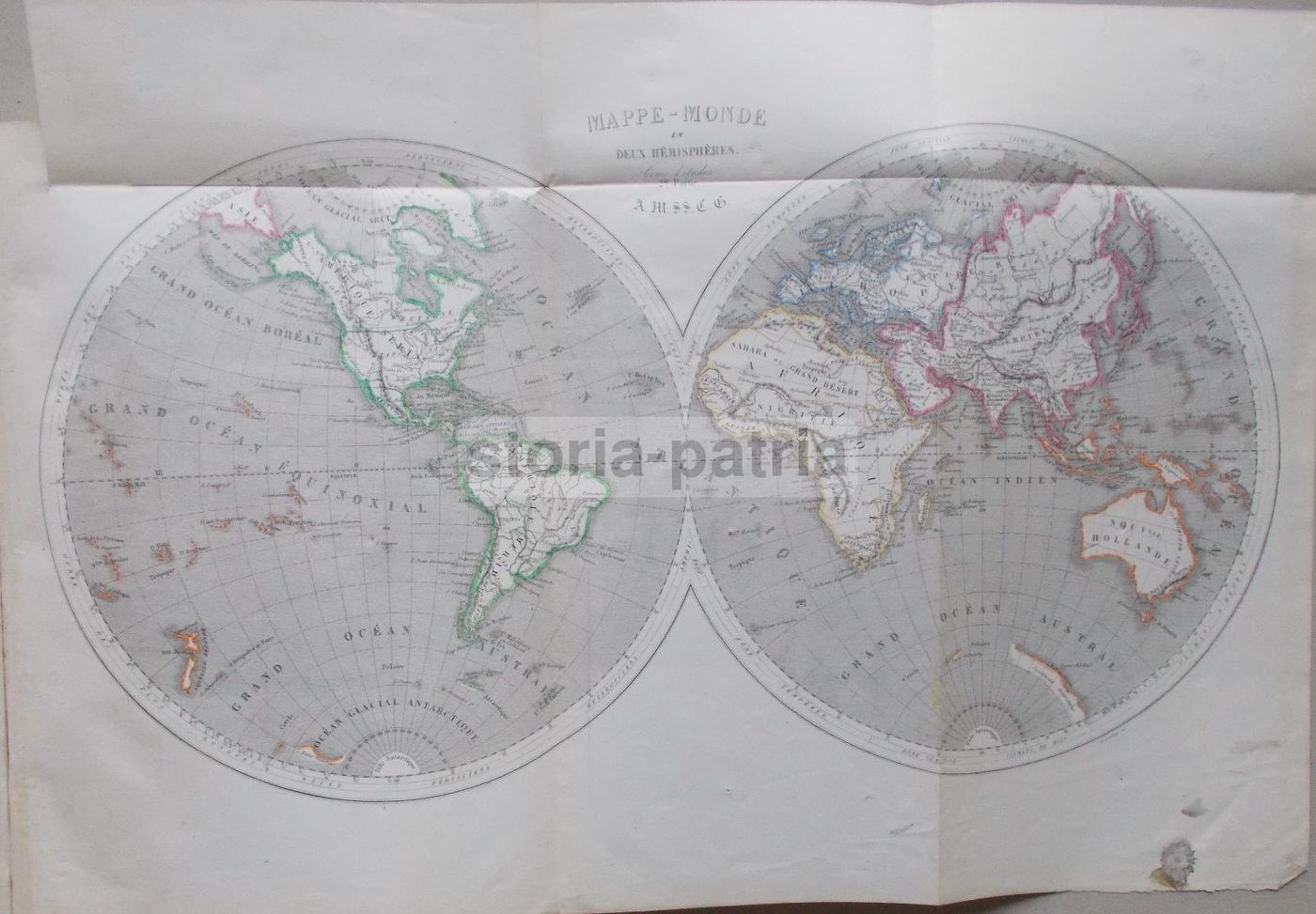 Mappa Antica Mappamondo Due Emisferi Laurens Secolo XIX Colorata