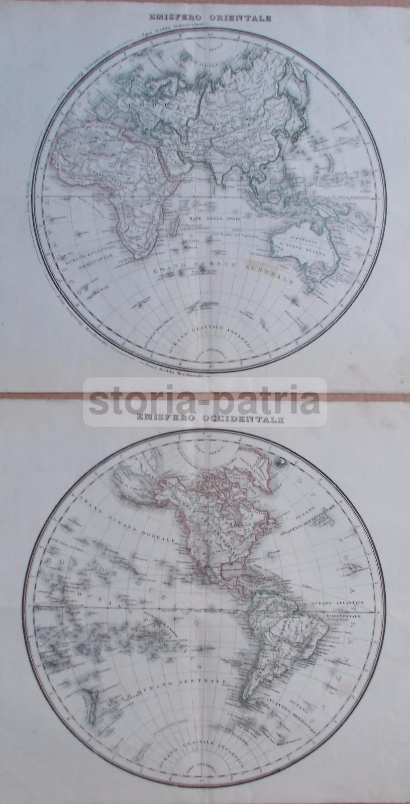 Mappamondo Antico 1860 Emisferi Occidentale E Orientale Litografia