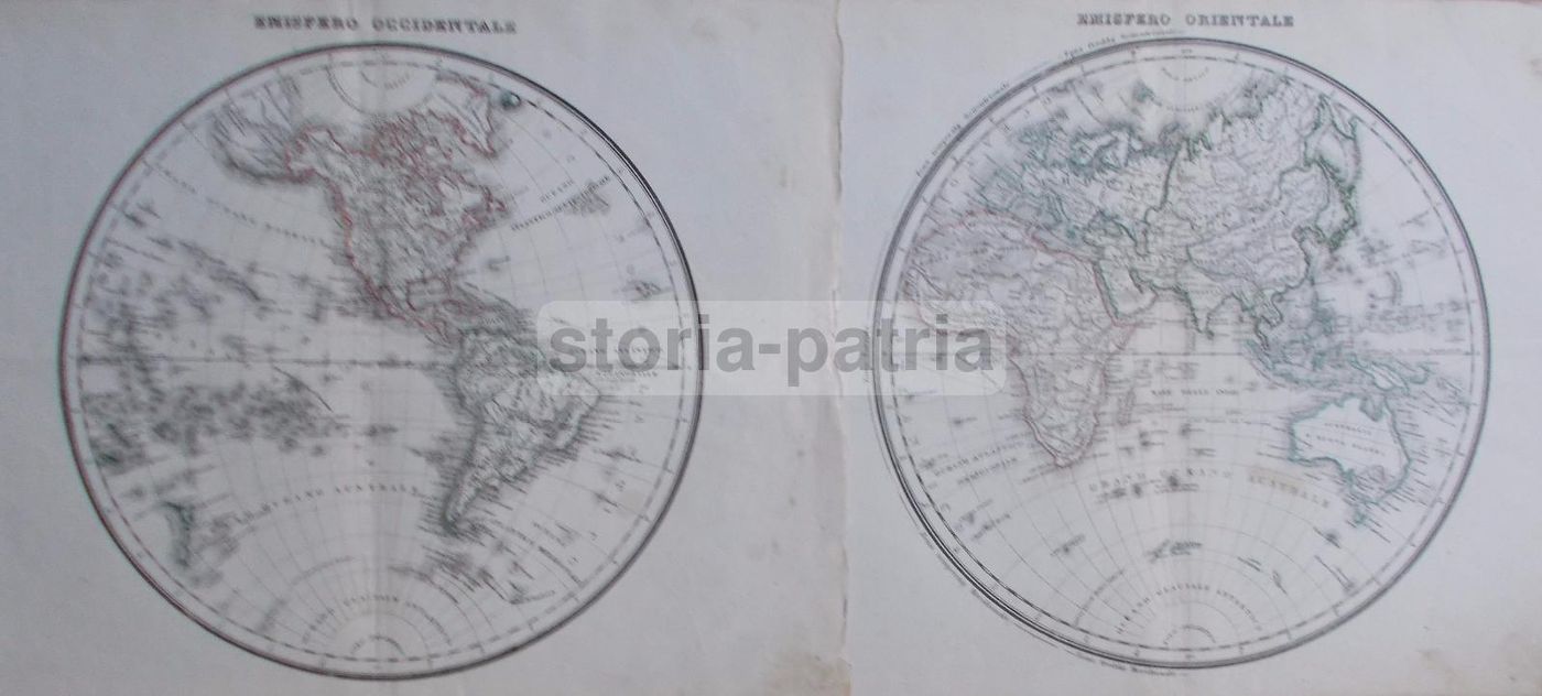 Mappamondo Antico 1860 Emisferi Occidentale E Orientale Litografia