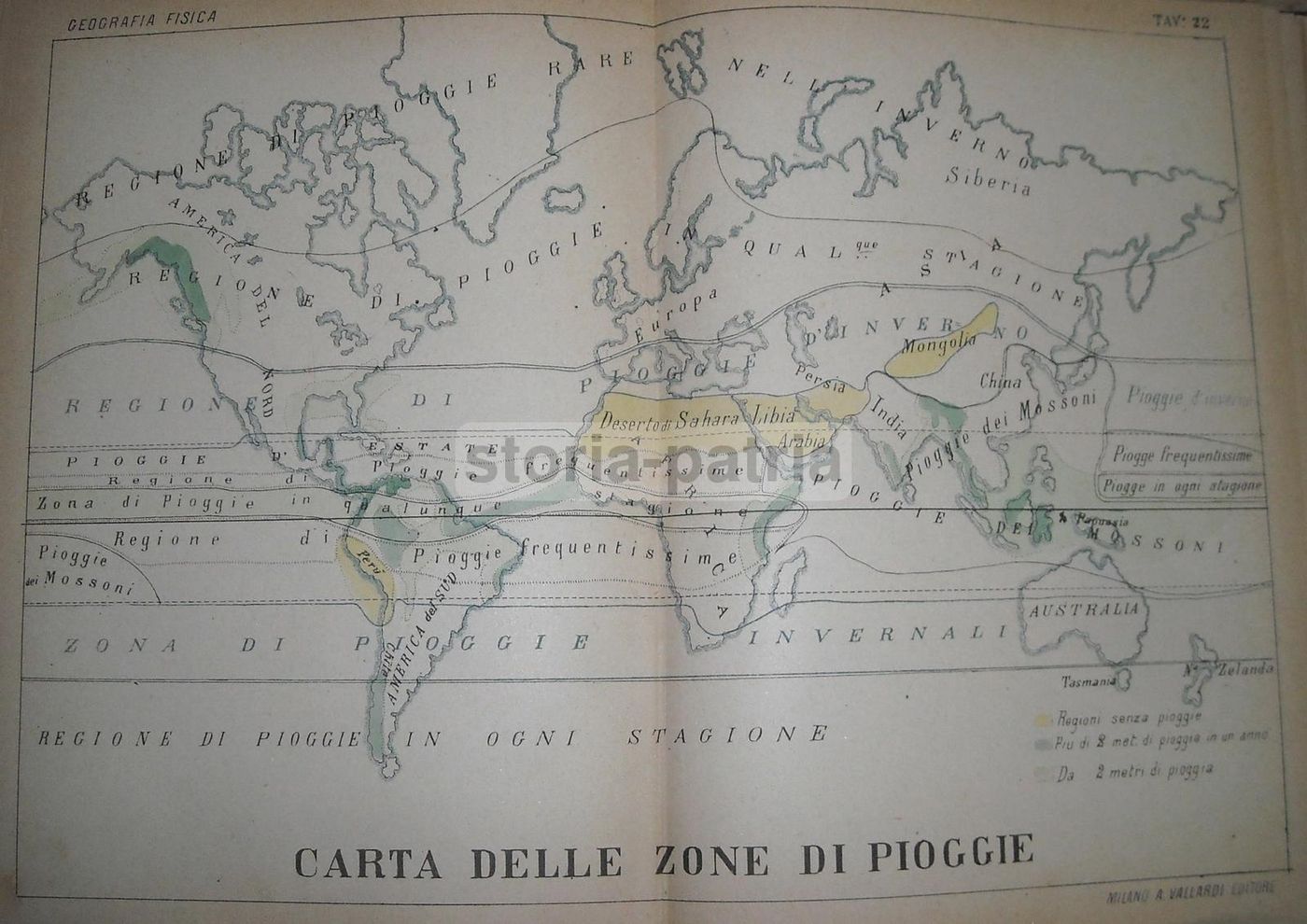 Carta Antica Delle Zone Di Piogge Dei Continenti, Vallardi, Fine '800