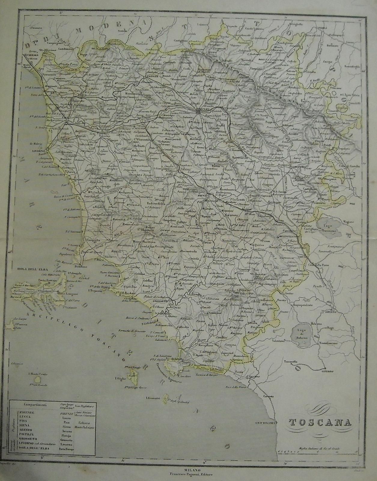 Mappa Antica Della Toscana 1869 Incisione Naymiller Allodi Pagnoni