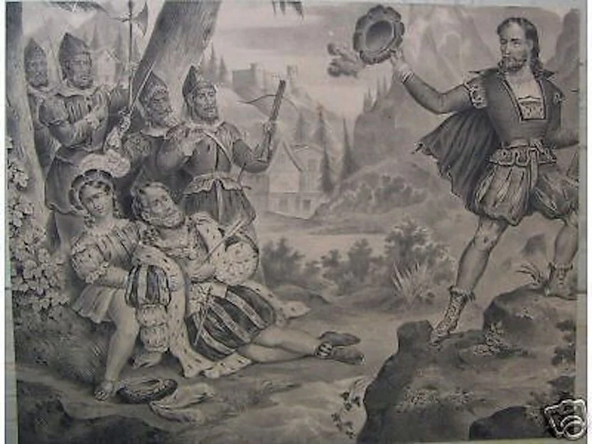 Original Historical 1800s Lithograph: Scene with a Knight