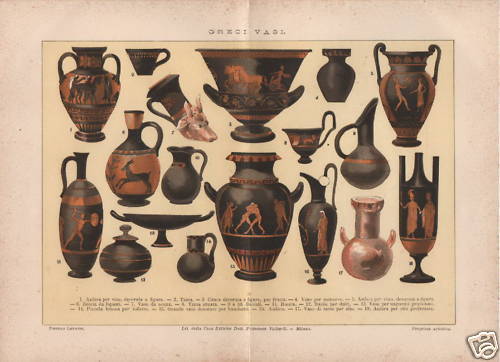 Cromolitografia Antica Vasi Greci Ceramiche Figurate Vallardi 1900