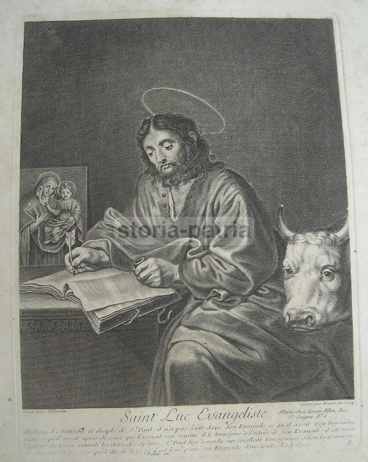 Saint Luke the Evangelist. Antique Etching by Bazin after Valentin, 1704 (mid-1800s ed.)
