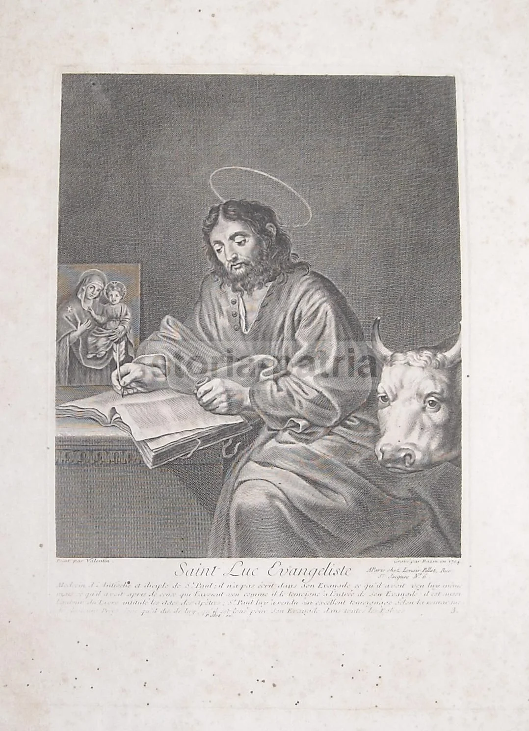Saint Luke the Evangelist. Antique Etching by Bazin after Valentin, 1704 (mid-1800s ed.)