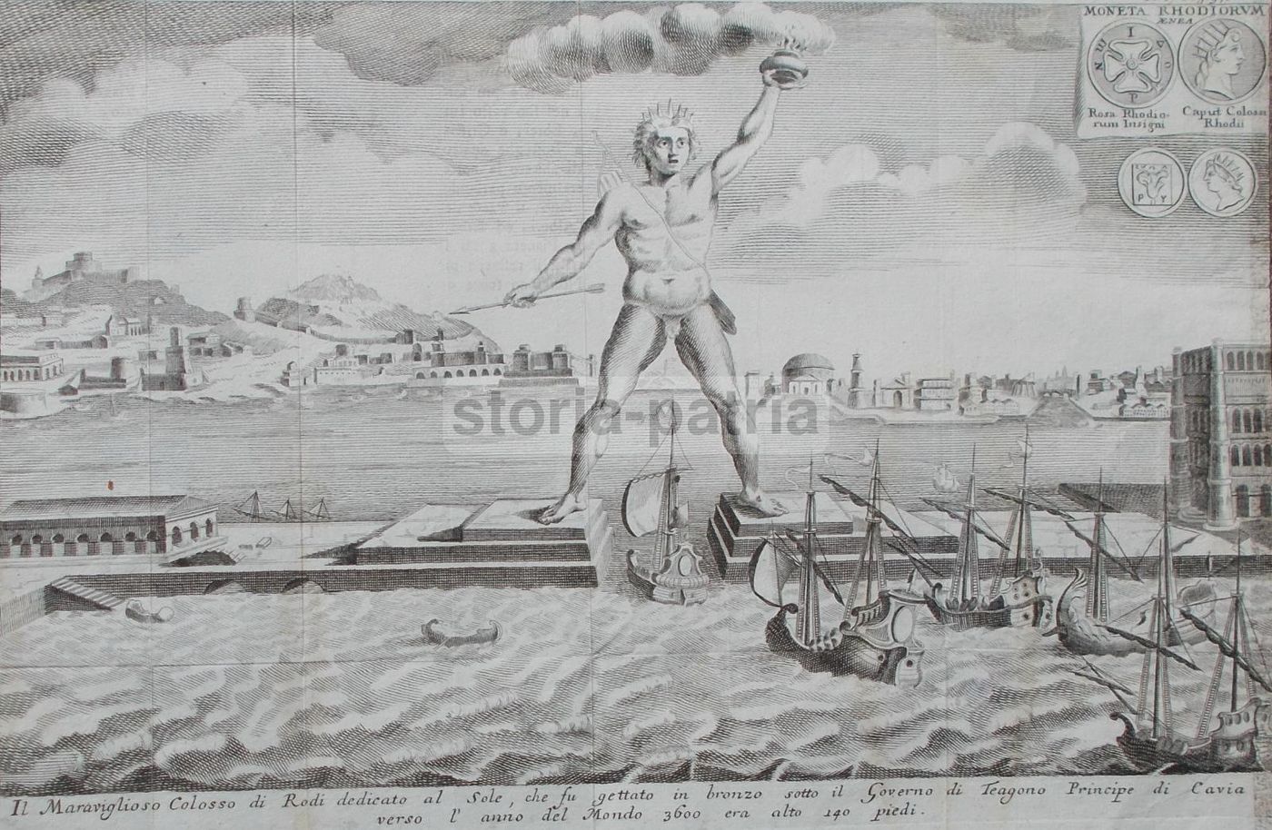 Antica Incisione Colosso Di Rodi, Monete Greche E Navi, 1750