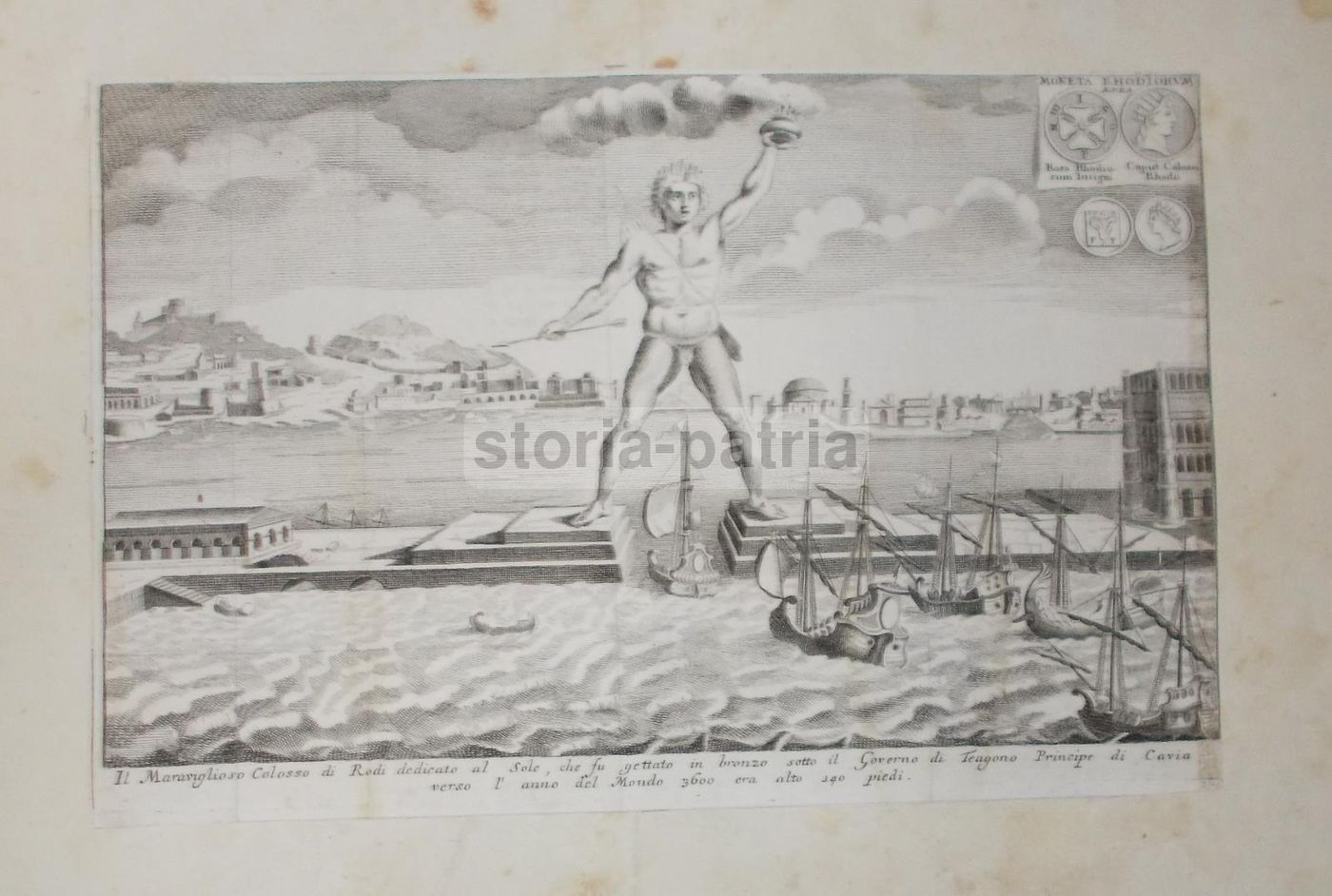 Antica Incisione Colosso Di Rodi, Monete Greche E Navi, 1750