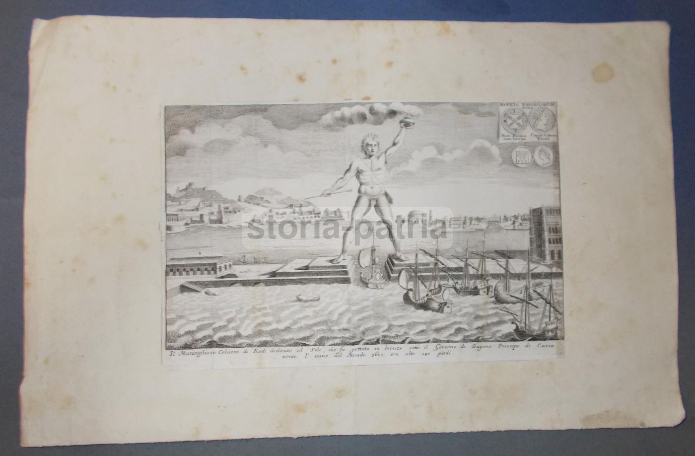 Antica Incisione Colosso Di Rodi, Monete Greche E Navi, 1750