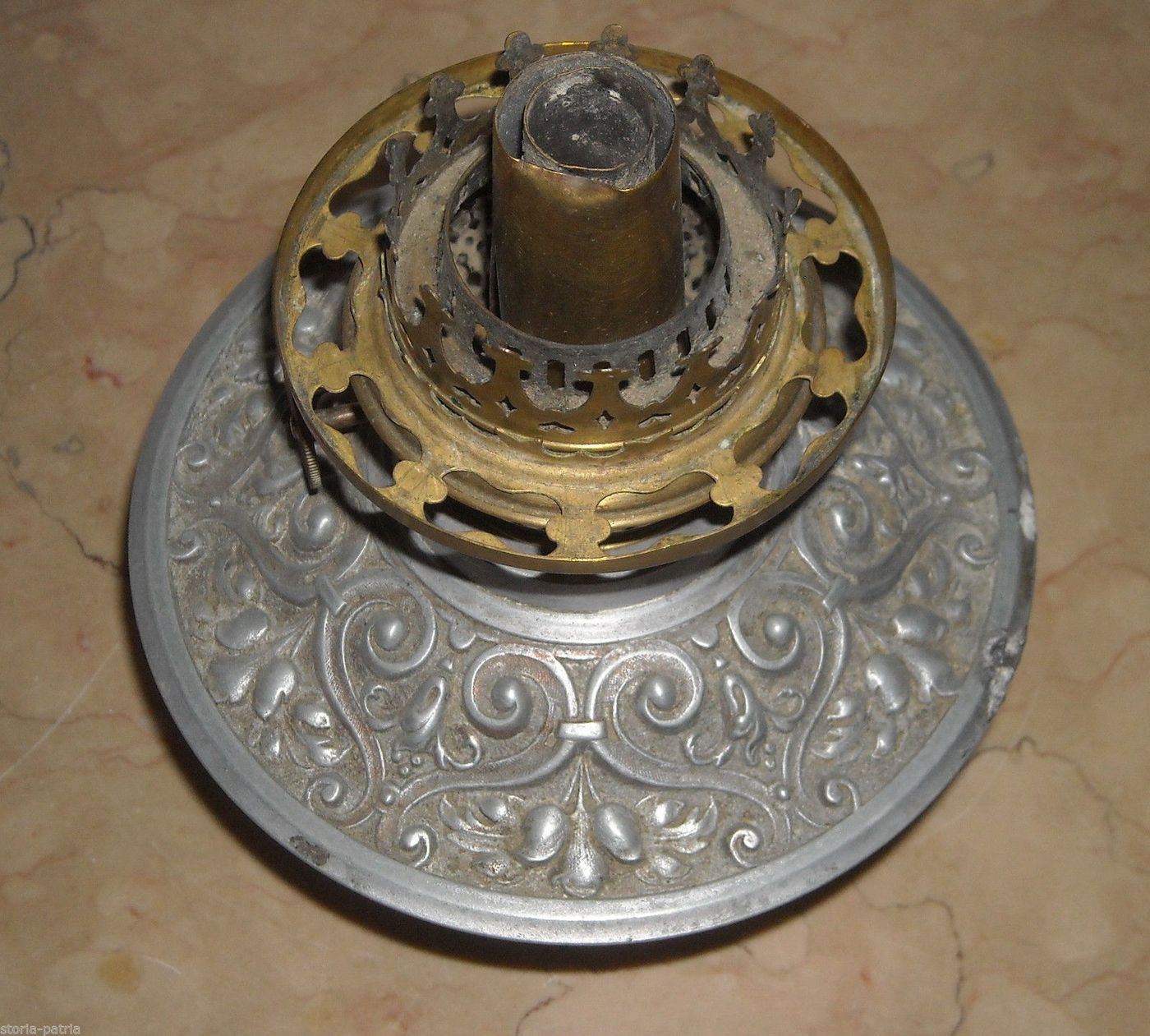 Antica Lampada A Petrolio In Vetro E Metallo Liberty, F.lli Santini   Ferrara