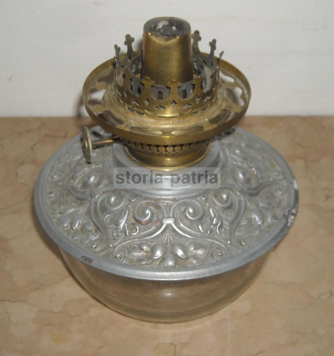 Antica Lampada A Petrolio In Vetro E Metallo Liberty, F.lli Santini   Ferrara