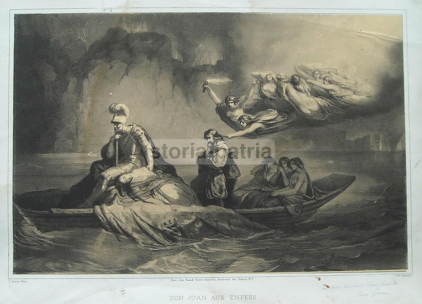Litografia Antica Don Juan Agli Inferi, Simon Luis Guerin, 1850 Circa