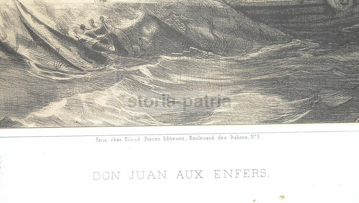 Litografia Antica Don Juan Agli Inferi, Simon Luis Guerin, 1850 Circa