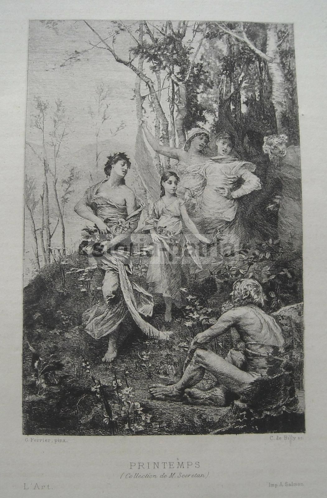 Incisione Antica Allegoria Della Primavera De Billy Da Ferrier, Fine XIX Secolo