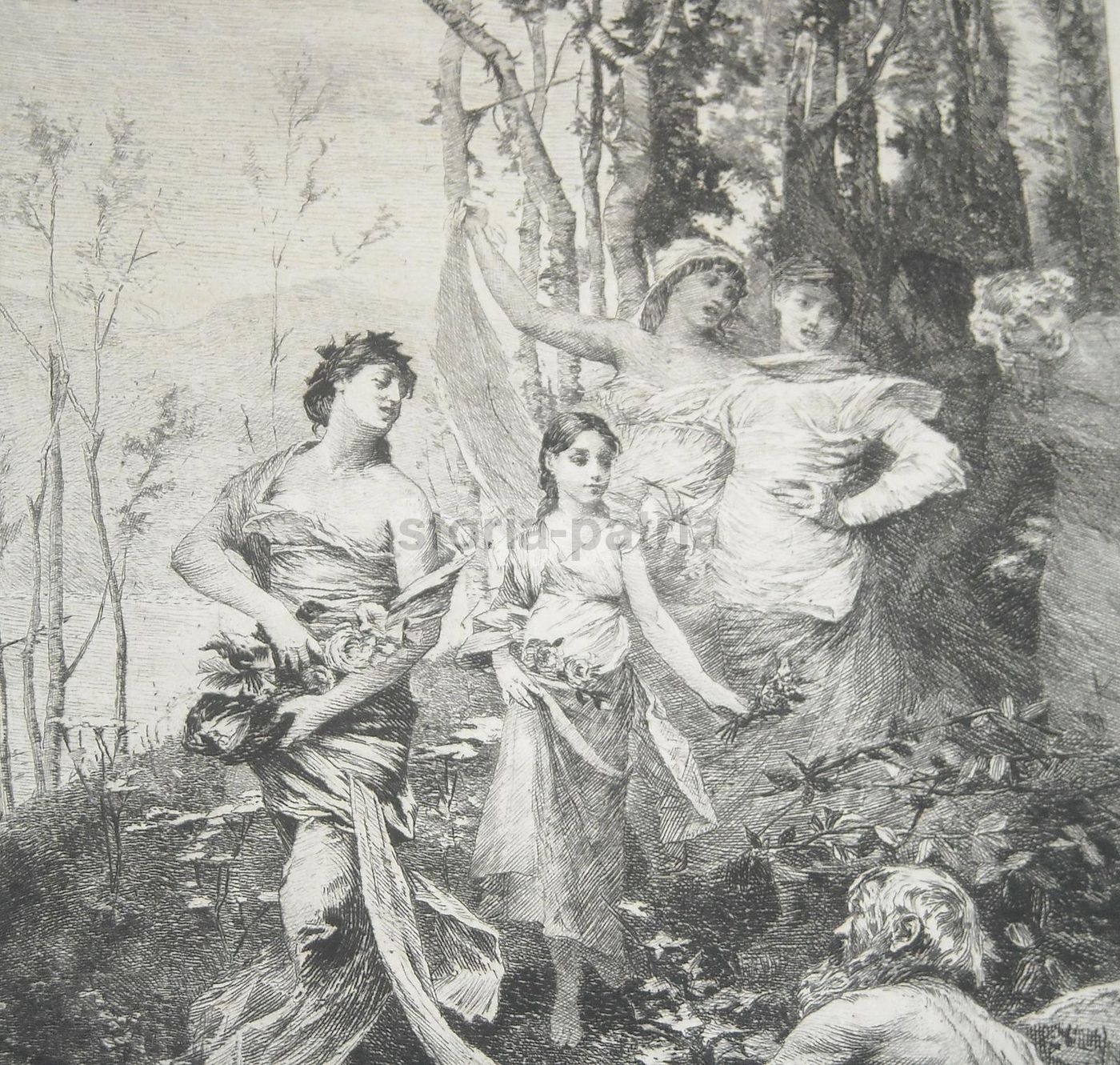 Incisione Antica Allegoria Della Primavera De Billy Da Ferrier, Fine XIX Secolo