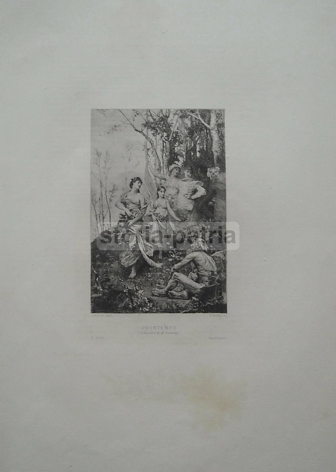 Incisione Antica Allegoria Della Primavera De Billy Da Ferrier, Fine XIX Secolo