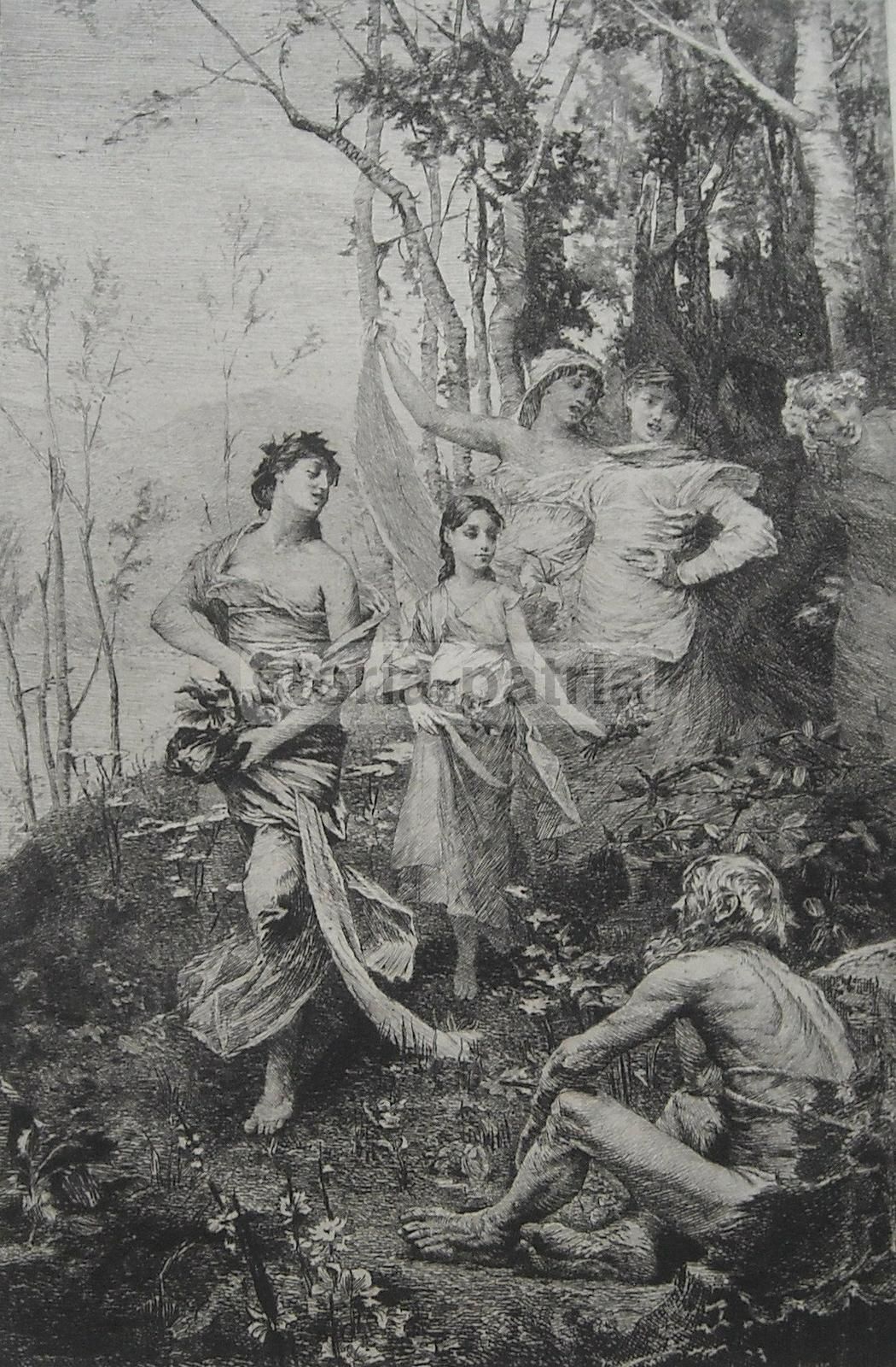 Incisione Antica Allegoria Della Primavera De Billy Da Ferrier, Fine XIX Secolo