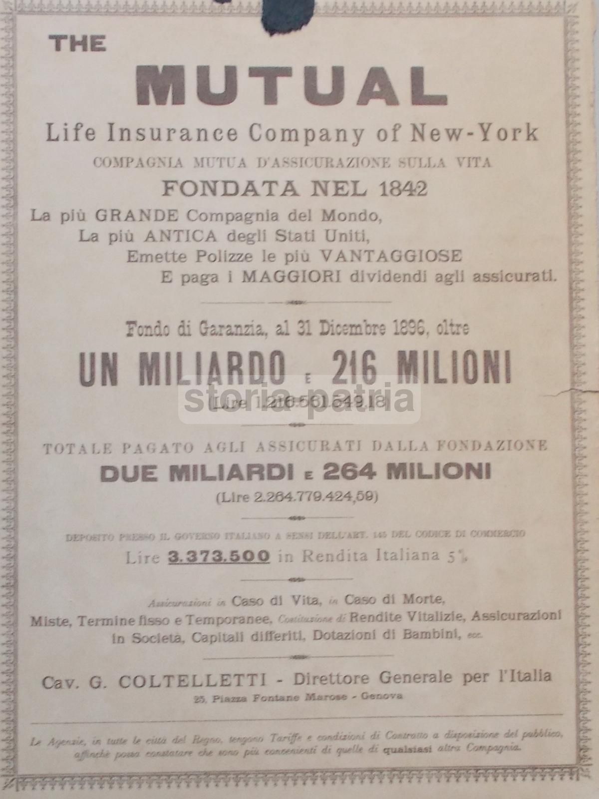 Pubblicità Antica Mutual Life Assicurazioni Con Beltrame 1897