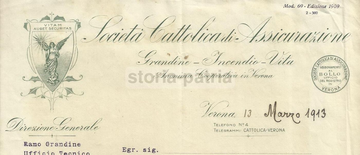 Carta Intestata Società Cattolica Assicurazioni, Verona 1913