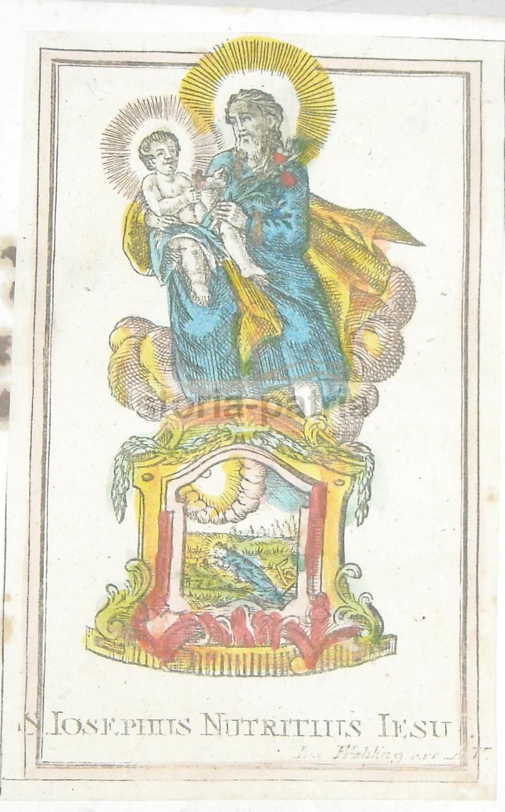 Antica Stampa Devozionale San Giuseppe Colorata A Mano, Fine XVIII Secolo