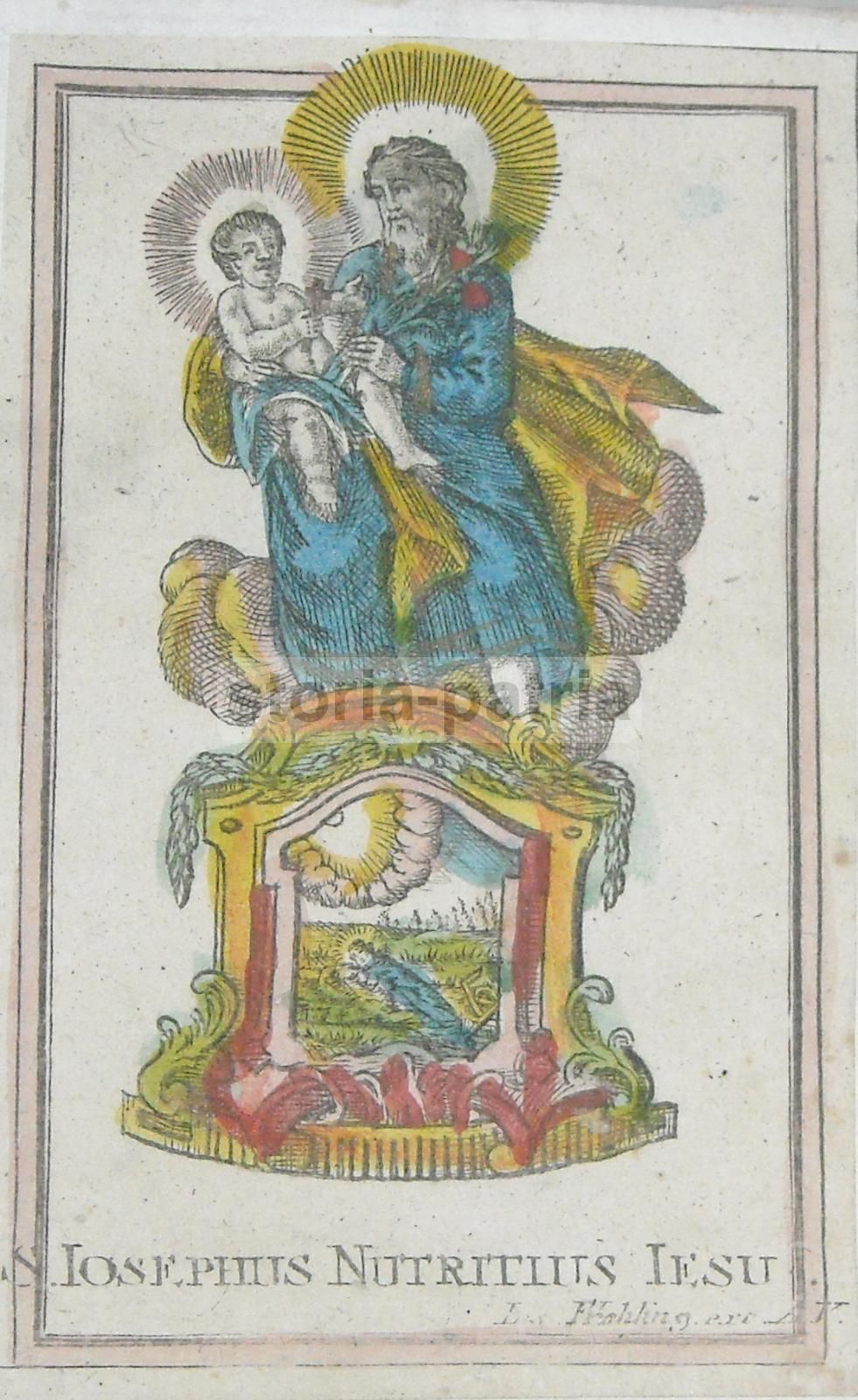 Antica Stampa Devozionale San Giuseppe Colorata A Mano, Fine XVIII Secolo
