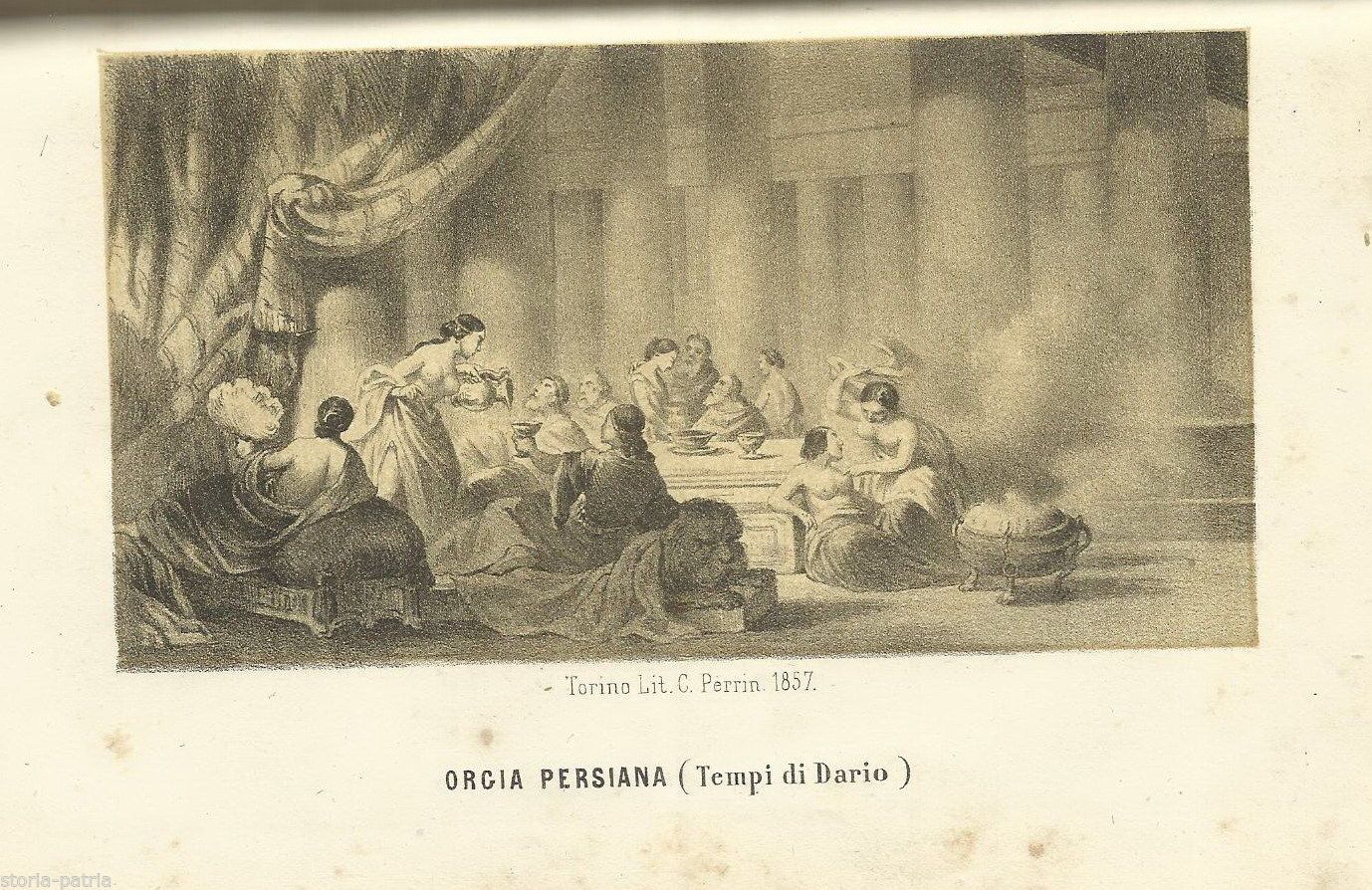 Litografia Antica "Orgia Persiana", Epoca Di Dario, 1857, Torino, Perrin