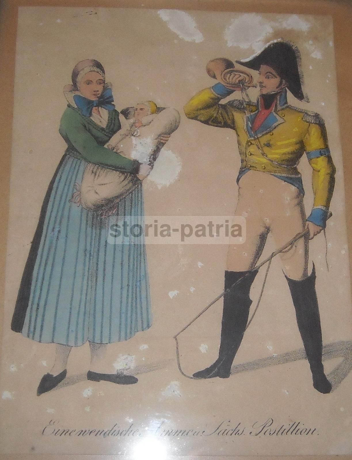 Stampa Antica A Colori: Postiglione E Maternità, Metà '800